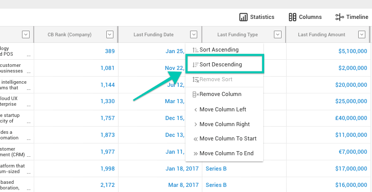 Find your next customer by prioritizing Crunchbase profiles - Sort Descending