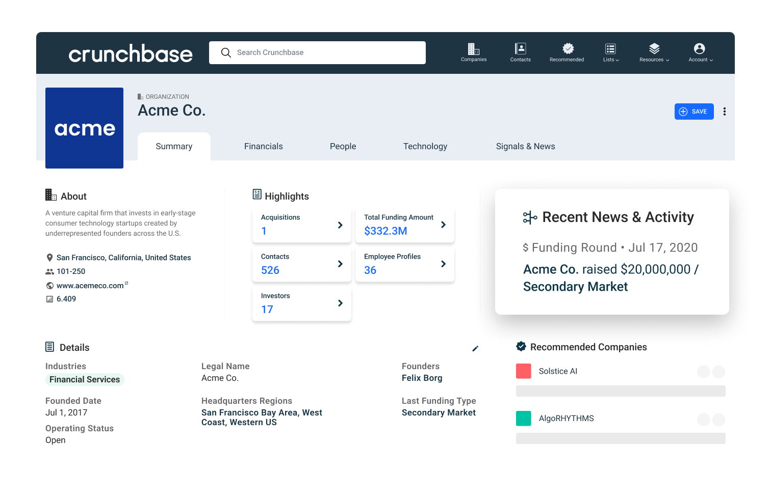 Crunchbase Acme company profile recent news and activity highlighted