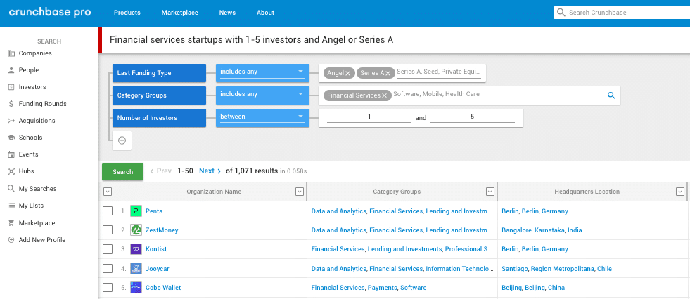Crunchbase Pro advanced search