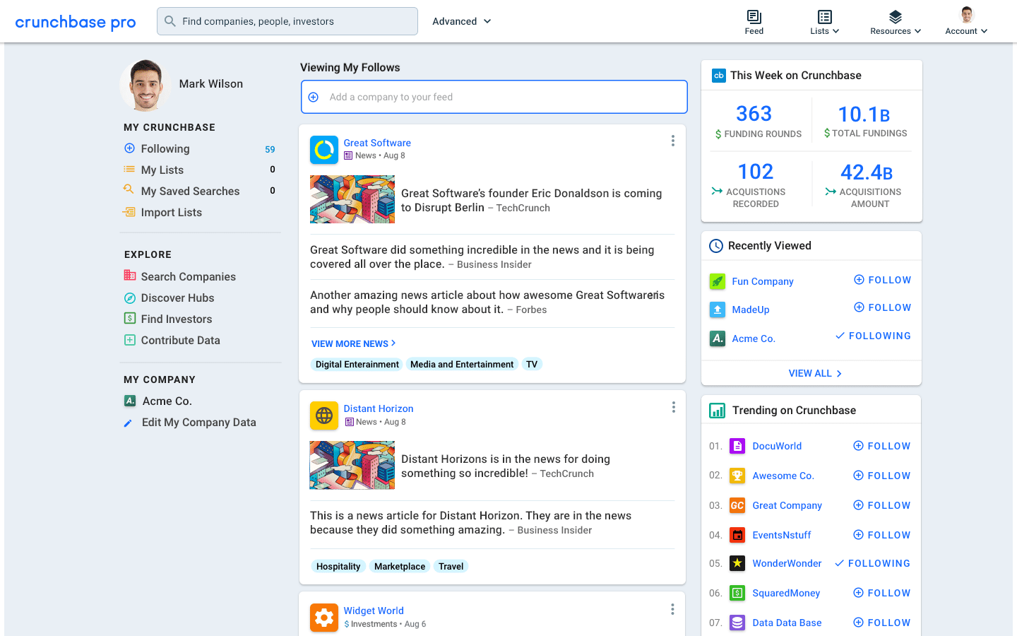 Personalized Crunchbase Homepage for Logged In Users