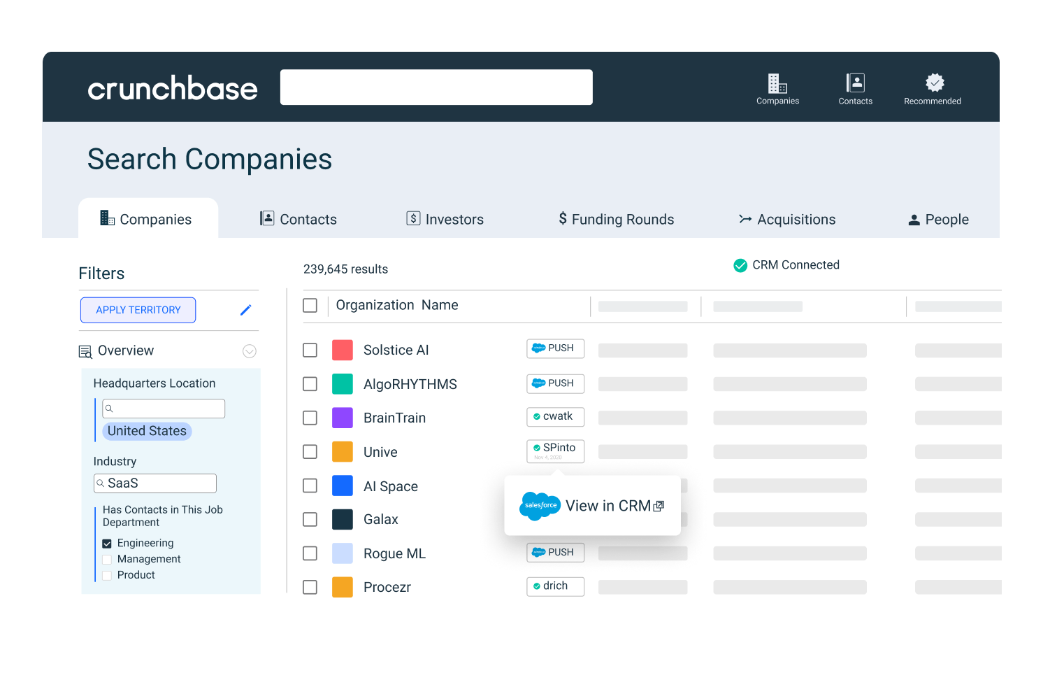 Crunchbase search with view in CRM Salesforce integration button 