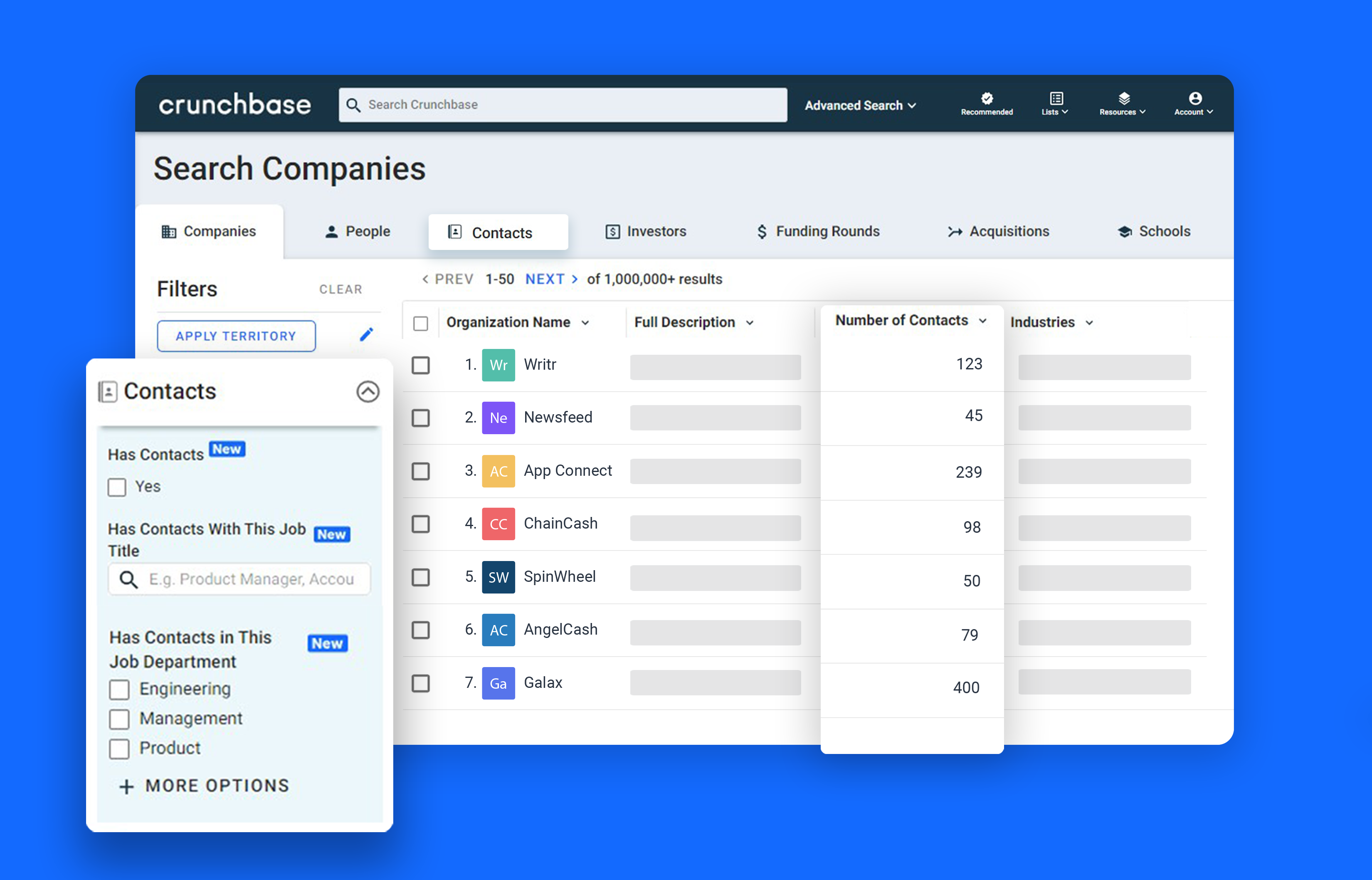 Crunchbase platform graphic with contacts feature popup