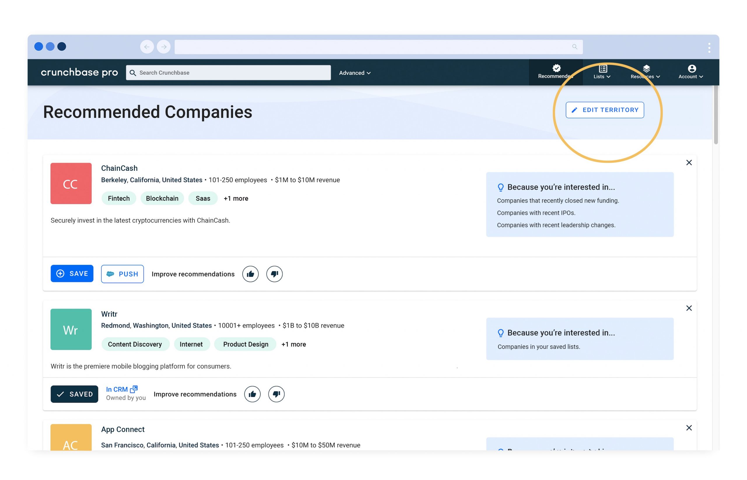 Crunchbase recommended companies feature, edit territory option circled