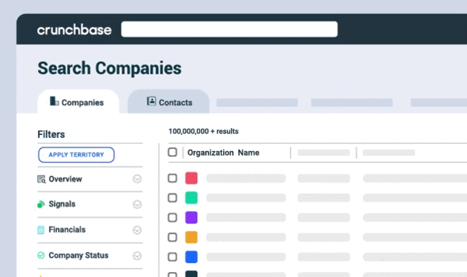 Crunchbase company and contacts search feature GIF