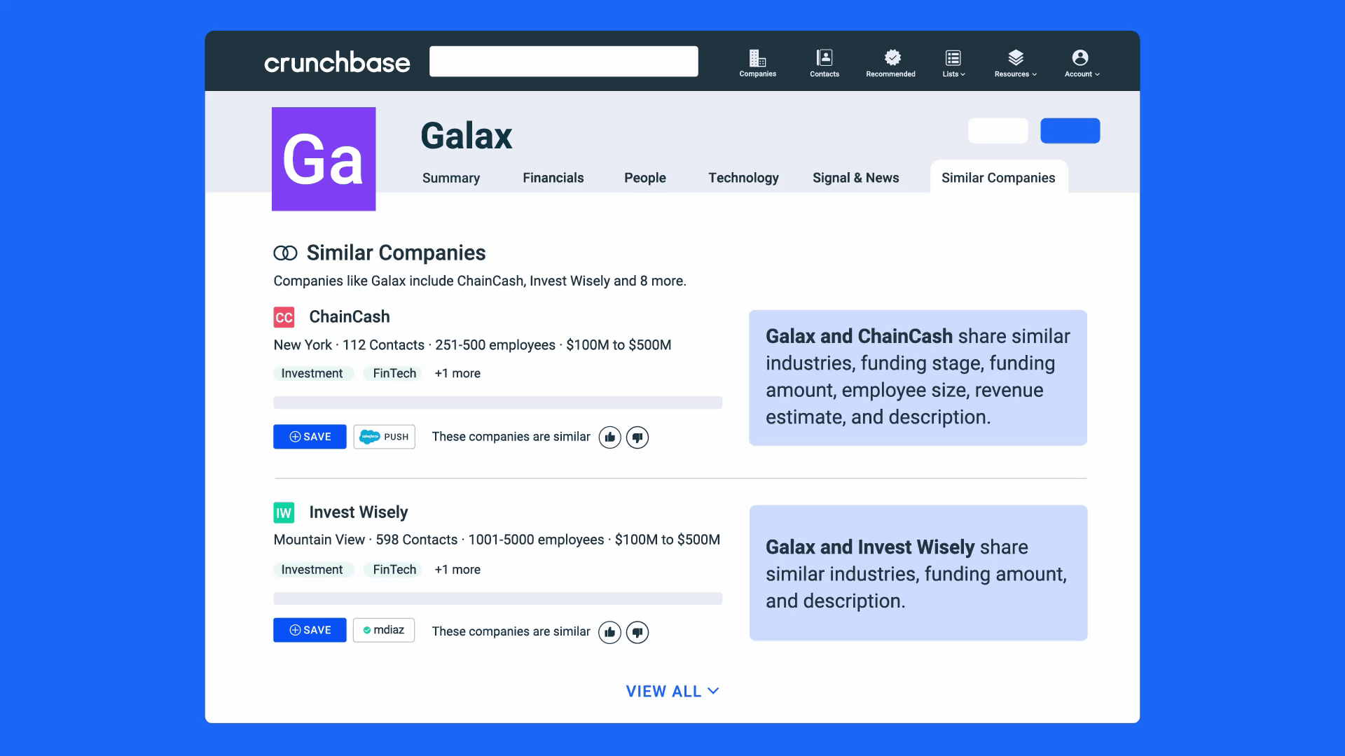 Crunchbase similar companies feature demo save to list