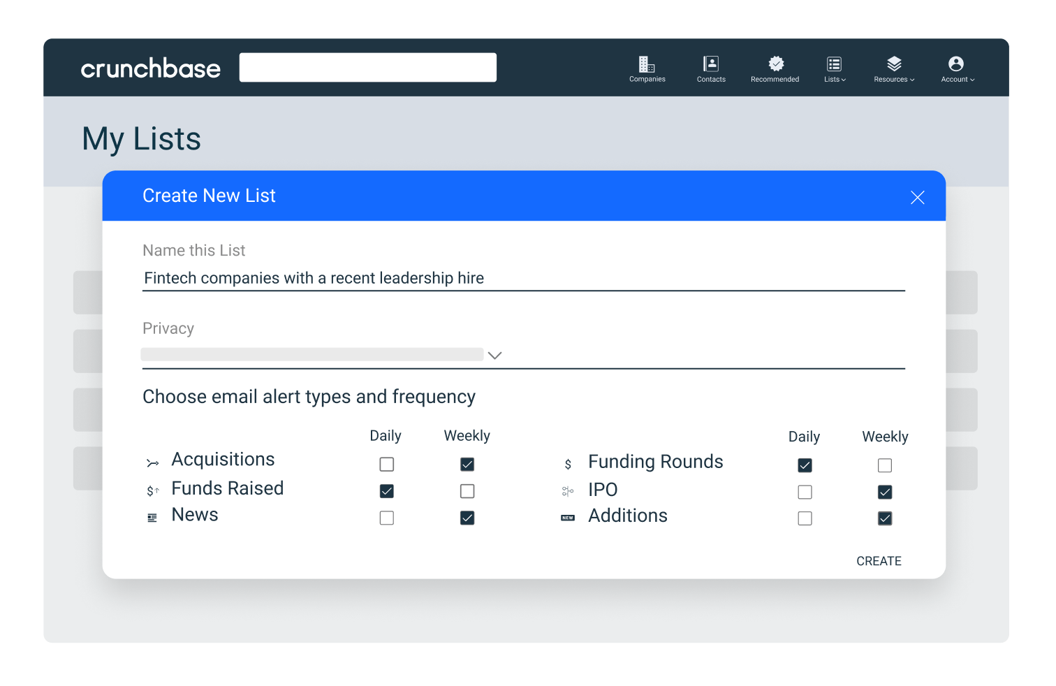 Crunchbase create list and email alerts sign up feature