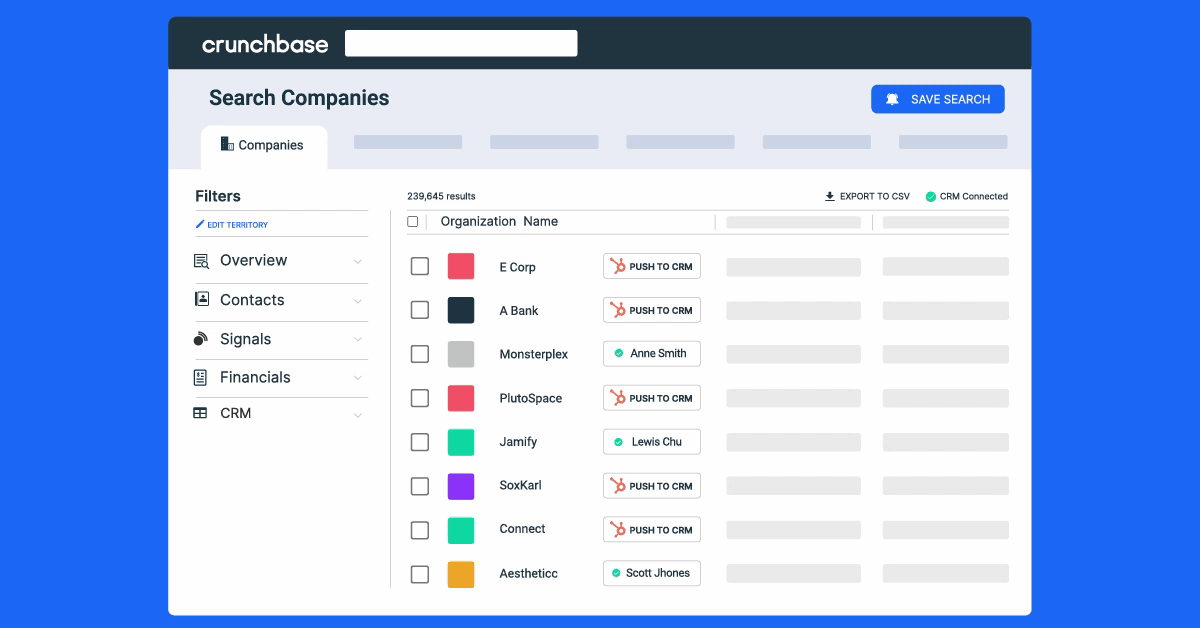Exclude companies in your CRM from Crunchbase search and push net-new accounts to HubSpot GIF