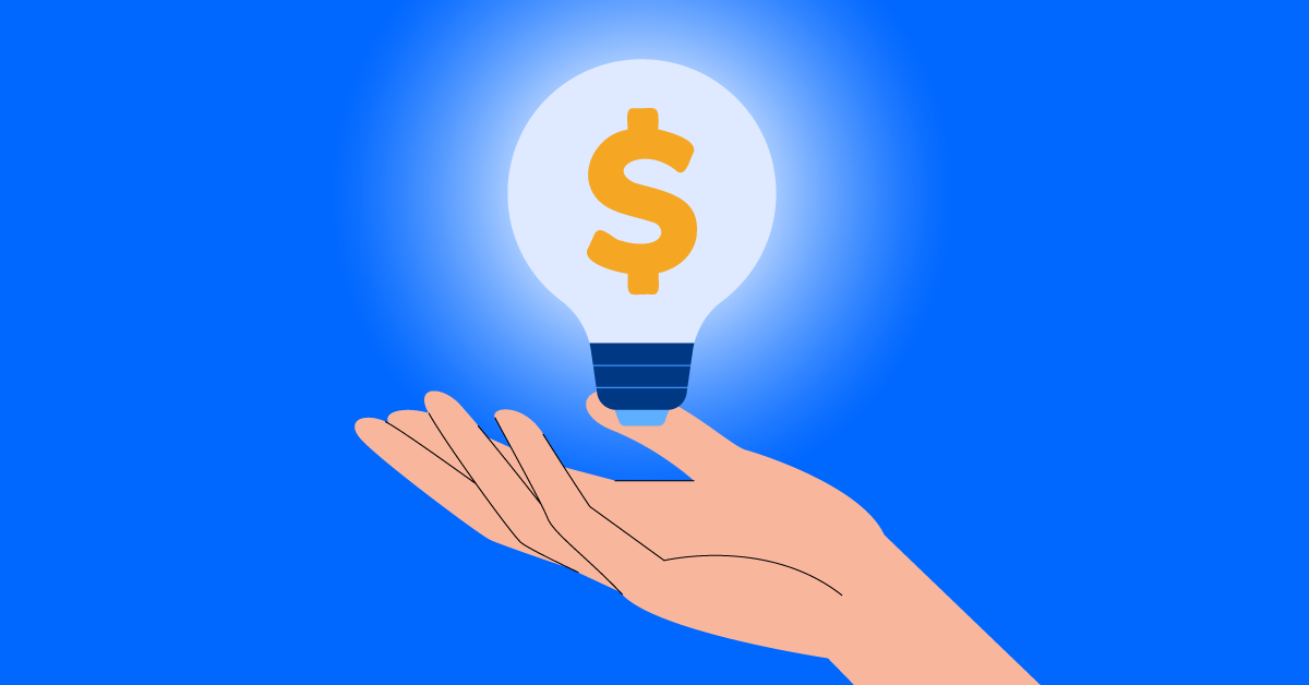 Business intelligence insight graphic with hand showing a lightbulb with $ sign in it 